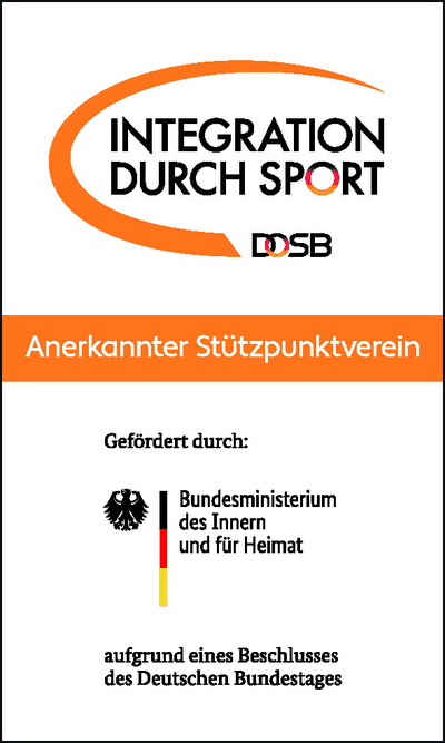 Logo „Integration durch Sport“ des DOSB mit dem Vermerk „Anerkannter Stützpunktverein“. Gefördert durch das Bundesministerium des Innern und für Heimat aufgrund eines Beschlusses des Deutschen Bundestages.